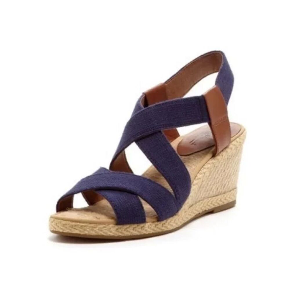 Lucky Brand Navy and Tan Wedge Sandals